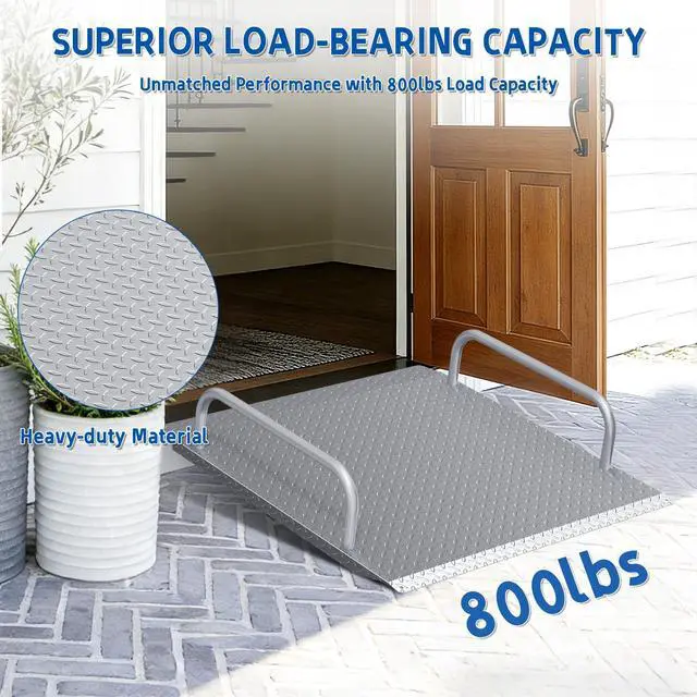 Alt view image 3 of 6 - Door Threshold Ramp 800 LBS Capacity, Shed Ramp for Riding Mower, Easy to Install Ramps for Lawn Mower, 33.5" W×31.5" L Anti-Slip Metal Ramps for Wheelchairs, Garden Cart, Motorcycle