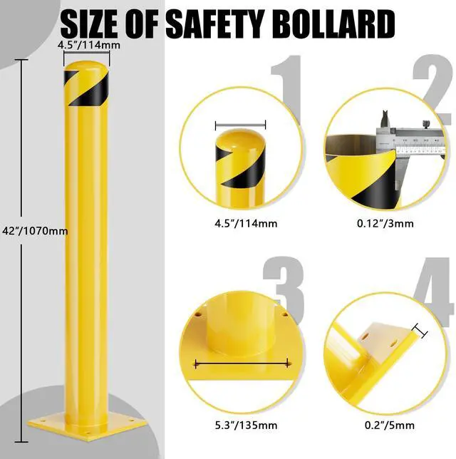 Alt view image 2 of 6 - Safety Bollard Post, 36 Inch Height Steel Bollards, 4.5 Inch Diameter Parking Bollard, Yellow Powder Coated Safety Parking Barrier Post, for Traffic Sensitive Areas (2 Pack, 42 inch)
