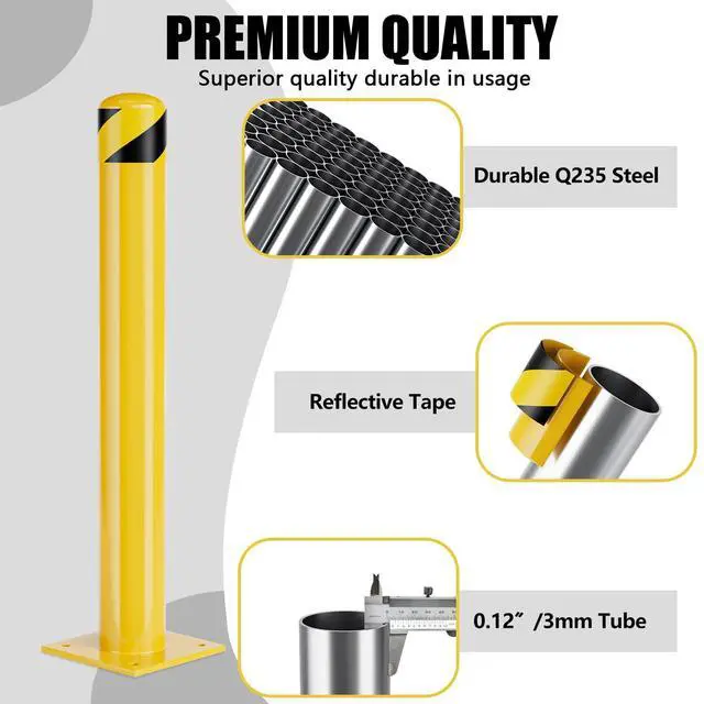 Alt view image 3 of 6 - Safety Bollard Post, 36 Inch Height Steel Bollards, 4.5 Inch Diameter Parking Bollard, Yellow Powder Coated Safety Parking Barrier Post, for Traffic Sensitive Areas (2 Pack, 42 inch)