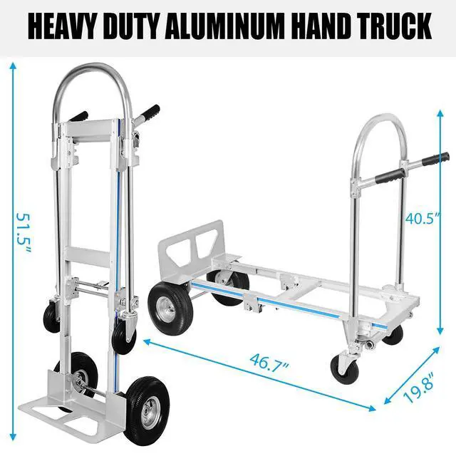 Alt view image 2 of 6 - 2 in 1 Aluminum Hand Truck, Industrial Convertible Hand Truck and Dolly 1000 LBS Capacity, Heavy Duty Hand Truck Flatform Cart with 10" Hi Tech Rubber Wheels
