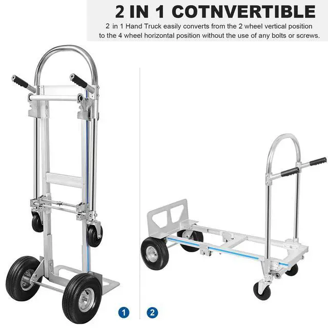 Alt view image 3 of 6 - 2 in 1 Aluminum Hand Truck, Industrial Convertible Hand Truck and Dolly 1000 LBS Capacity, Heavy Duty Hand Truck Flatform Cart with 10" Hi Tech Rubber Wheels