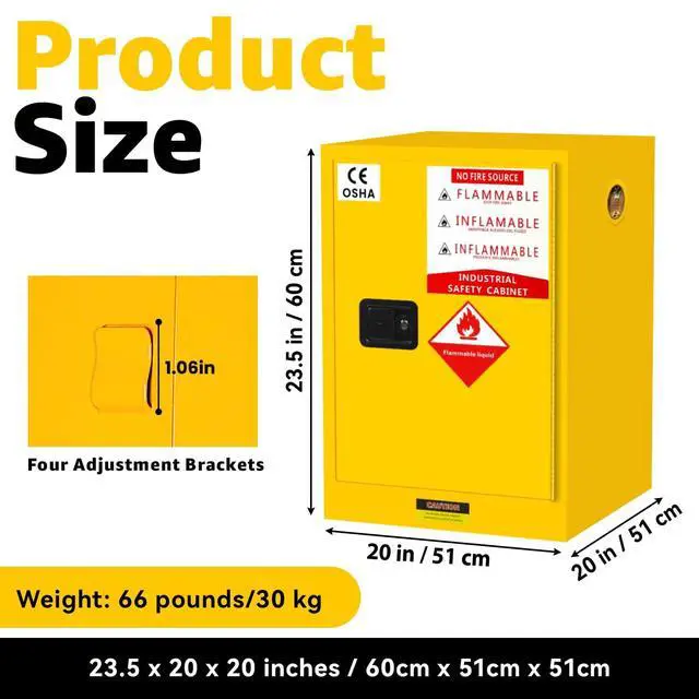 Alt view image 2 of 6 - 20 Gallon Flammable Storage Cabinet 24'' x 19'' x 19'' Fire Cabinets, Alloy Steel Flammable Liquid Storage Cabinet with ESD Grounding Cable and Adjustable Shelf for Industrial Garage Home Safety Use