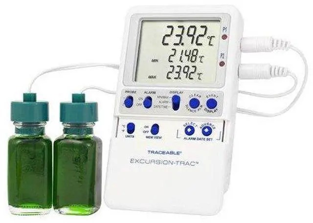 Main image of Traceable® Excursion-Trac Dual Zone Calibrated Temperature Monitor & Data Logger Kit (TM-6431) for Lab, Freezer, Refrigerator, Transport Cold Chain Cooler Monitoring with NIST Calibration Certificate