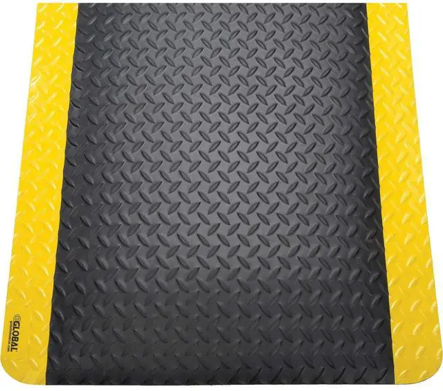 Main image of 36" W x 60" L Diamond Plate Ergonomic Anti Fatigue Mat with Beveled Edges, Vinyl Surface & PVC Foam Backing, 9/16" Thick, Black/Yellow Border