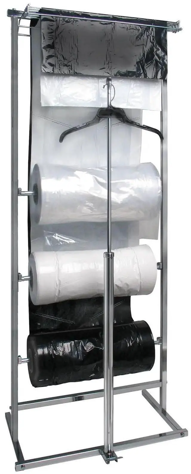 Main image of K30 3-Roll Polyethylene Bag Dispensing Rack, Horizontal Bagging Jack, Adjustable 39in68in Height, 1in Square Tubing Steel Frame, Retail & Dry Cleaner Bag Holder