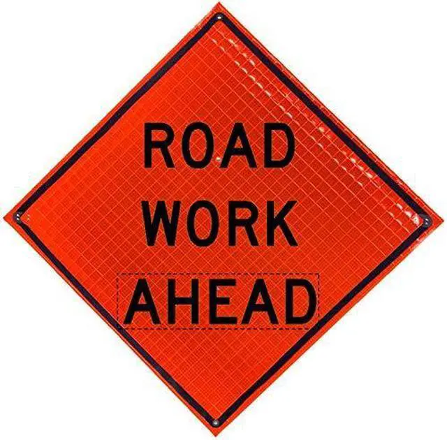Main image of 48 inch Reflective Super Bright Fluorescent Orange Roll-Up Sign. Legend States: ROAD WORK AHEAD