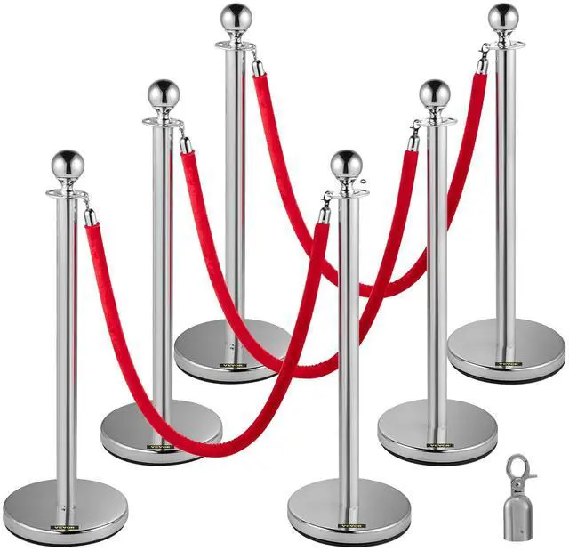 Main image of Velvet Ropes and Posts 6 Pcs, 5 ft Red Velvet Rope, Stanchion Post with Ball Top, Crowd Control Barriers Silver Stanchions, Red Carpet Poles, Crowd Control Ropes and Poles for Party Supplies