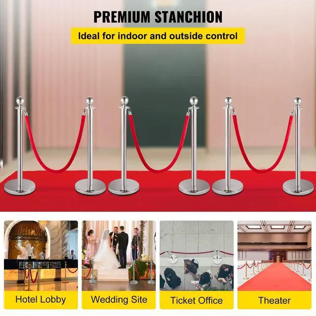 Alt view image 2 of 6 - Velvet Ropes and Posts 6 Pcs, 5 ft Red Velvet Rope, Stanchion Post with Ball Top, Crowd Control Barriers Silver Stanchions, Red Carpet Poles, Crowd Control Ropes and Poles for Party Supplies