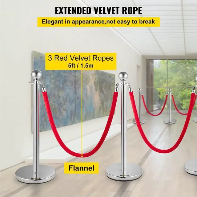 Alt view image 4 of 6 - Velvet Ropes and Posts 6 Pcs, 5 ft Red Velvet Rope, Stanchion Post with Ball Top, Crowd Control Barriers Silver Stanchions, Red Carpet Poles, Crowd Control Ropes and Poles for Party Supplies