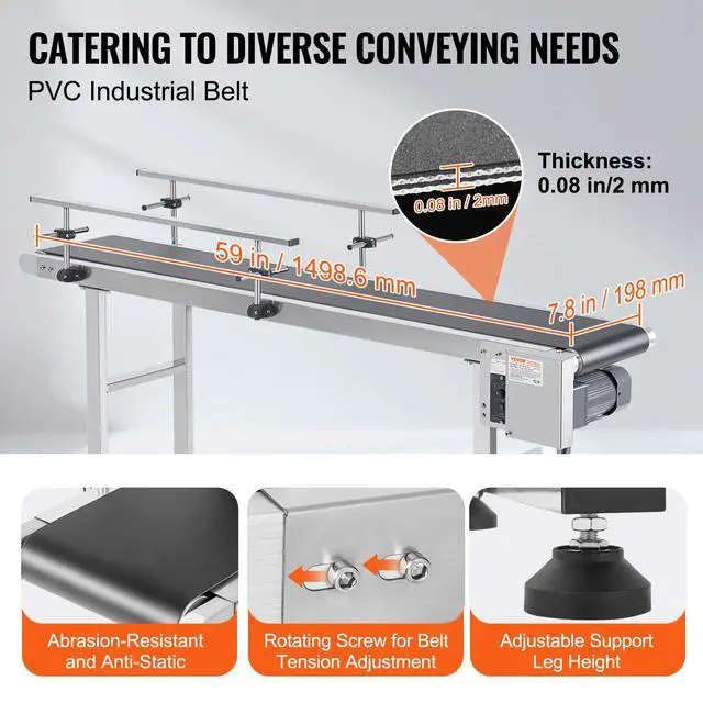 Alt view image 3 of 6 - Belt Conveyor 59 x 7.8 inch Conveyor Table Heavy Duty Stainless Steel Motorized Belt Conveyor for Inkjet Coding Applications Powered Rubber PVC Belt Anti Static (Double Guardrail)
