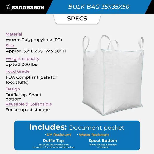 Alt view image 2 of 6 - FIBC Bulk Bag | 35" L x 35" W x 50 Inch Height | Industrial Grade Bag Holds Up to 3000 LBS or 45 Cubic Ft. | FDA Compliant | UV Protected (Pack of 5)