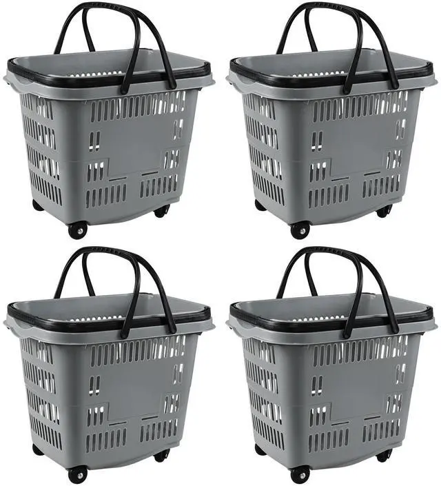 Main image of 50 Liter Plastic Shopping Basket with Wheels, 4 Pack Large Rolling Baskets for Groceries, Gray