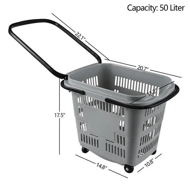 Alt view image 2 of 6 - 50 Liter Plastic Shopping Basket with Wheels, 4 Pack Large Rolling Baskets for Groceries, Gray
