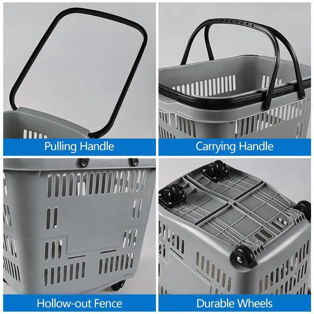 Alt view image 3 of 6 - 50 Liter Plastic Shopping Basket with Wheels, 4 Pack Large Rolling Baskets for Groceries, Gray