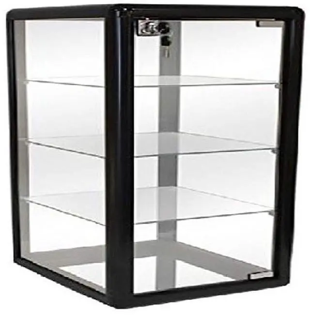 Main image of Elegant Black Aluminum Table Top Tempered Glass Display Showcase with (3) Glass Shelves. Hinged Glass Door Includes Lock and Key