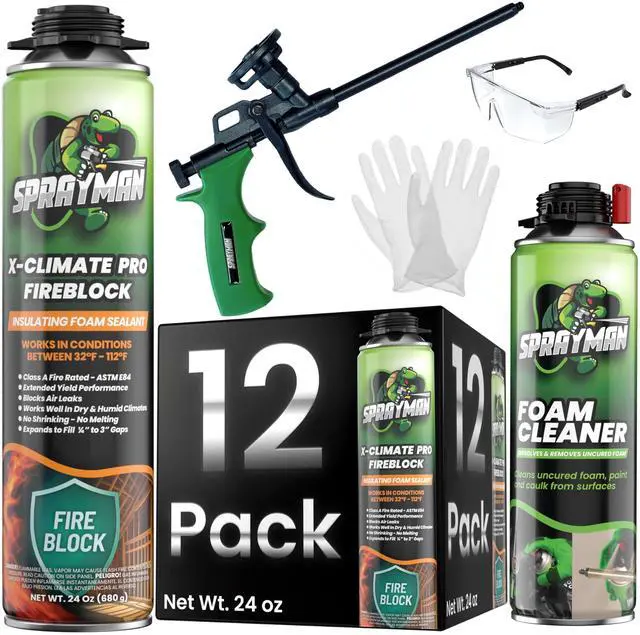 Main image of X-Climate Pro Fire Block Expanding Foam Sealant (12x24oz), Professional Polyurethane Insulating Foam with Fire Block Technology, High Heat Resistant and Waterproof, Gun Included 12 Pack