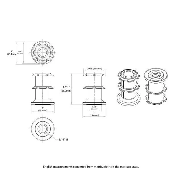 Alt view image 2 of 6 - Industries Double Star Threaded Caster Insert | Heat Treated Steel | Fits 1 Inch Round 16-18 Gauge Tube | Thread: 5/16-18 | 100 Pack
