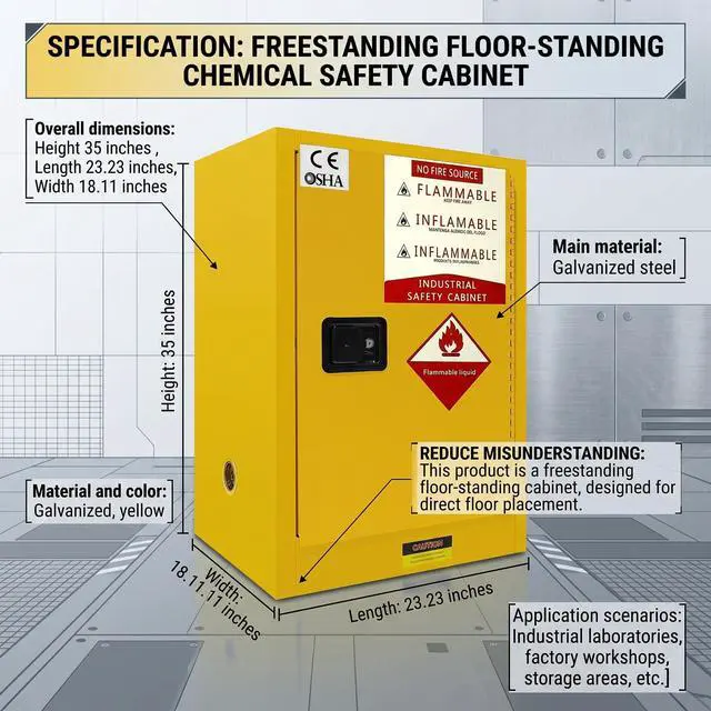 Alt view image 2 of 6 - Flammable Safety Cabinet, 18 Gallon Fire-Resistant Storage Cabinet Yellow Steel Chemical Storage Cabinet with Manual-Close Door and Lock for Garage, Workshop, Lab (18 Callon)