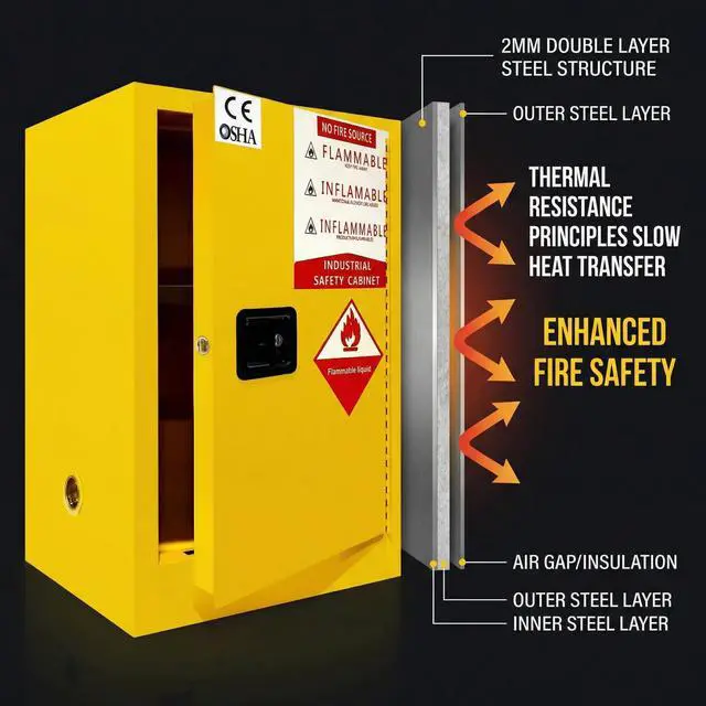 Alt view image 4 of 6 - Flammable Safety Cabinet, 18 Gallon Fire-Resistant Storage Cabinet Yellow Steel Chemical Storage Cabinet with Manual-Close Door and Lock for Garage, Workshop, Lab (18 Callon)