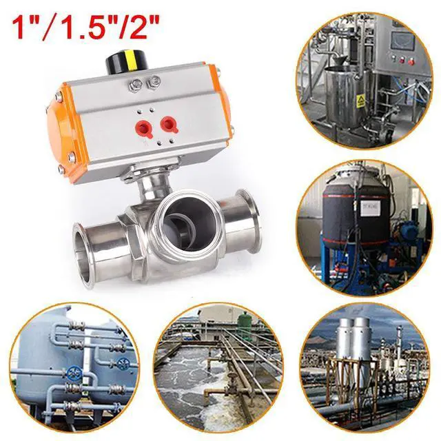 Alt view image 2 of 6 - 2" Pneumatic Ball Valve Stainless Steel 304 Sanitary Three-Way T-type Three-Clamp Pneumatic Ball Valve for Food Brewery Dairy Brewing and Chemical Industries (3-Way 2" (51))