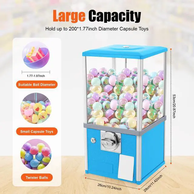 Alt view image 2 of 6 - 25 Cents Coin Operated Vending Machine, Capsule Vending Machines w/Internal Coin Bank and Security Lock, Capsule Toys & Twister Balls Machine Hold 200 Capsule Toys Commercial Gumball Machine (Blue)