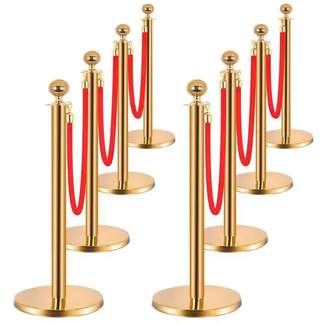 Main image of 8PCS Stainless Steel Stanchions Post w/ 6 Red Velvet 5ft Carpet Ropes - Hollow Base for Red Carpet Queue - Crowd Control Barriers Ideal for Party, Wedding, Hotels, Exhibitions - Gold