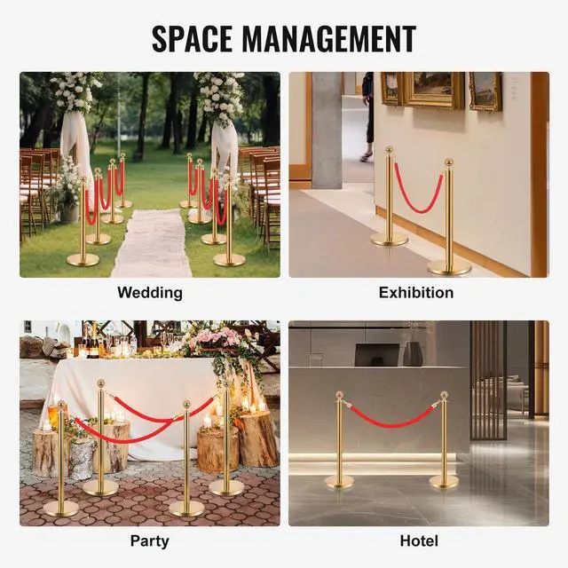 Alt view image 2 of 6 - 8PCS Stainless Steel Stanchions Post w/ 6 Red Velvet 5ft Carpet Ropes - Hollow Base for Red Carpet Queue - Crowd Control Barriers Ideal for Party, Wedding, Hotels, Exhibitions - Gold