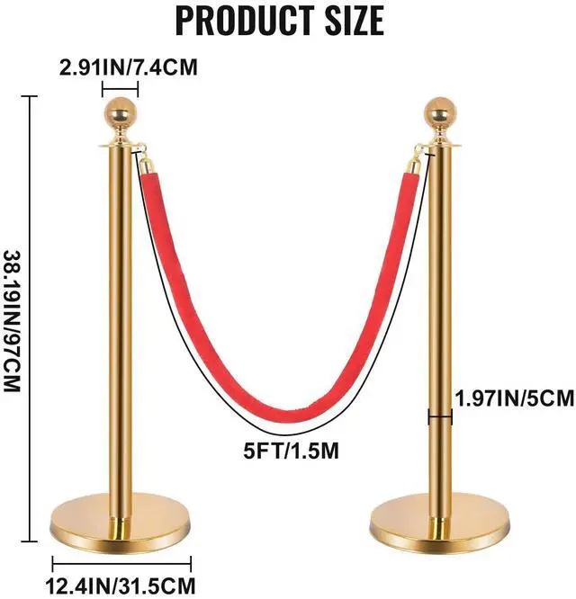 Alt view image 3 of 6 - 8PCS Stainless Steel Stanchions Post w/ 6 Red Velvet 5ft Carpet Ropes - Hollow Base for Red Carpet Queue - Crowd Control Barriers Ideal for Party, Wedding, Hotels, Exhibitions - Gold