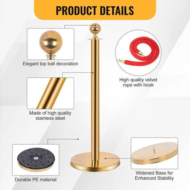 Alt view image 5 of 6 - 8PCS Stainless Steel Stanchions Post w/ 6 Red Velvet 5ft Carpet Ropes - Hollow Base for Red Carpet Queue - Crowd Control Barriers Ideal for Party, Wedding, Hotels, Exhibitions - Gold