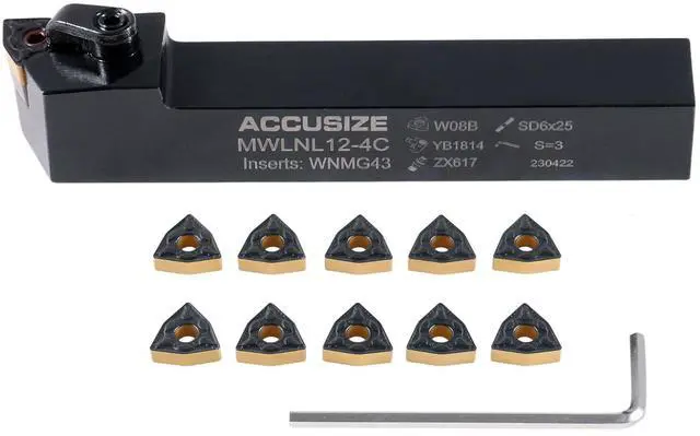 Main image of Indexable Tool Holder, 3/4", LH, 10 add'l Inserts | Indexable Lathe Turning Bit, 5" OAL, with 10 Carbide WNMG432 Inserts, Left Hand, 2316-1008INS