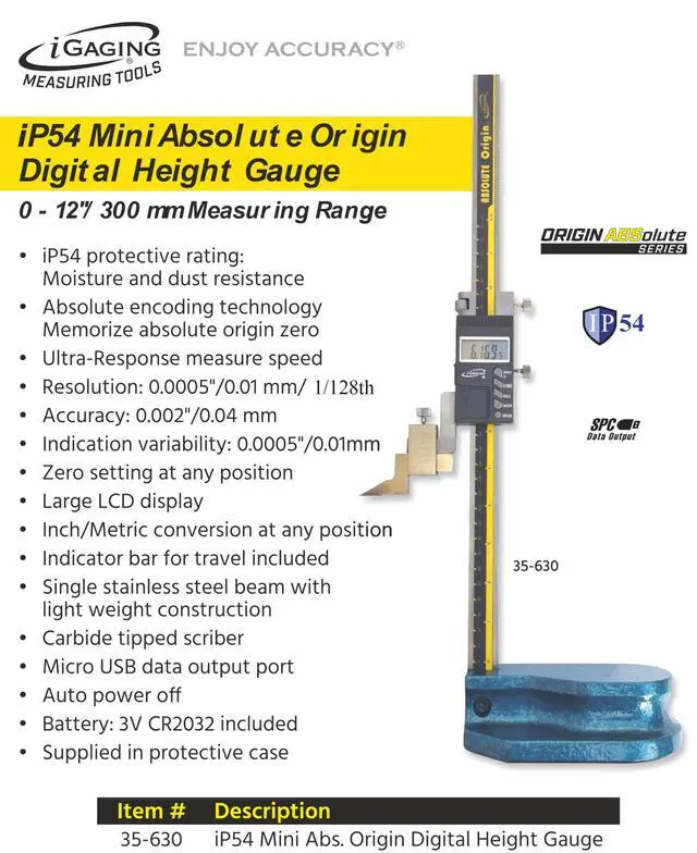 Alt view image 3 of 6 - 12"/300mm Electronic Digital Height Gage, Absolute Reading, in/mm/Fractional Reading, IP54 Protective Rating, #35-630