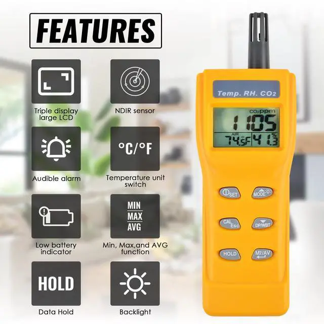 Alt view image 2 of 6 - CO2 Meter Handheld CO2 Detector, 0-9999ppm Digital CO2 Monitor Temperature and Humidity Meter Carbon Dioxide Detector with NDIR Sensor Buzzer Alarm and Clibration Function for Home Grow Room