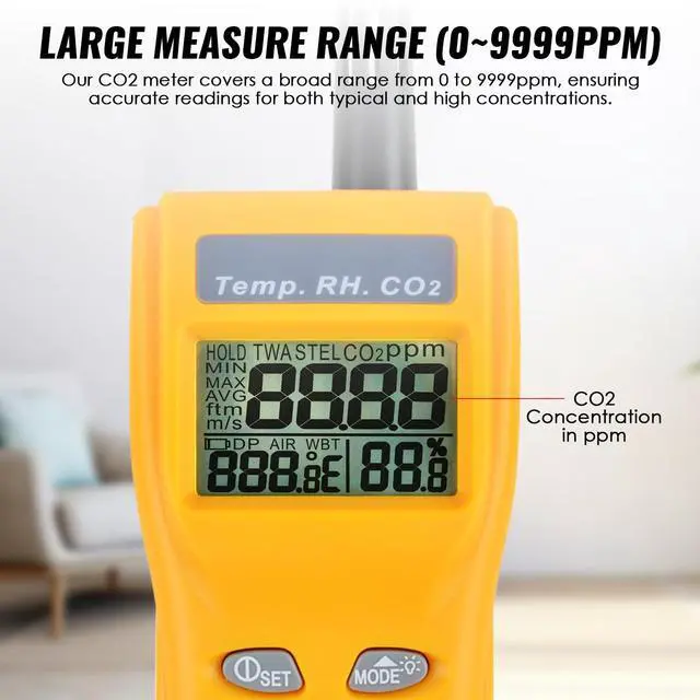 Alt view image 3 of 6 - CO2 Meter Handheld CO2 Detector, 0-9999ppm Digital CO2 Monitor Temperature and Humidity Meter Carbon Dioxide Detector with NDIR Sensor Buzzer Alarm and Clibration Function for Home Grow Room