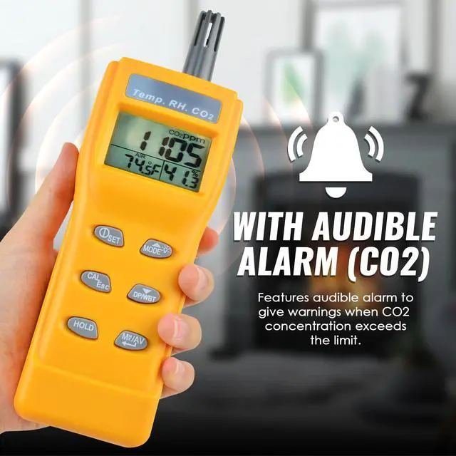 Alt view image 5 of 6 - CO2 Meter Handheld CO2 Detector, 0-9999ppm Digital CO2 Monitor Temperature and Humidity Meter Carbon Dioxide Detector with NDIR Sensor Buzzer Alarm and Clibration Function for Home Grow Room
