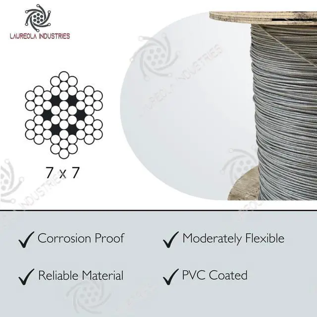 Alt view image 3 of 5 - Laureola 1/16" to 3/32" (PVC) Vinyl Coated Clear Color Galvanized Cable 7x7 Strand Aircraft Cable Wire Rope