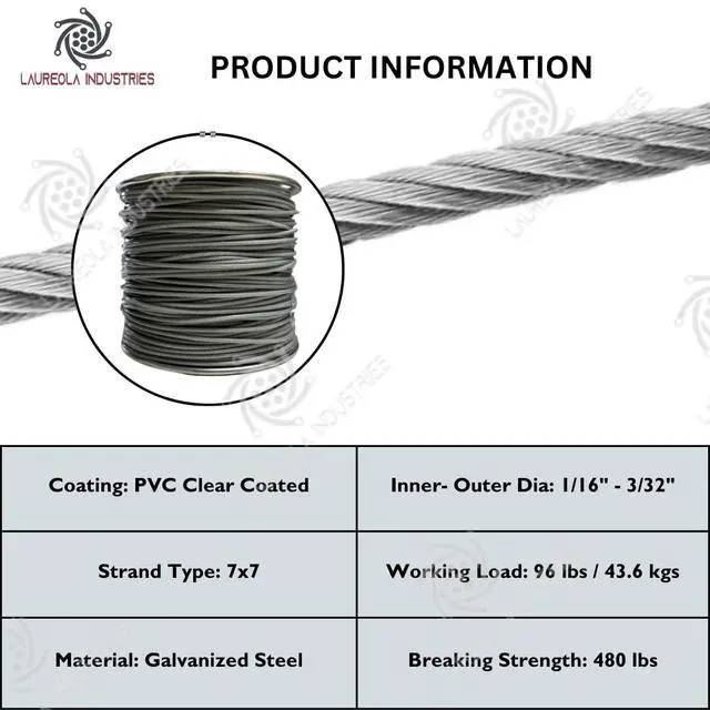 Alt view image 4 of 5 - Laureola 1/16" to 3/32" (PVC) Vinyl Coated Clear Color Galvanized Cable 7x7 Strand Aircraft Cable Wire Rope