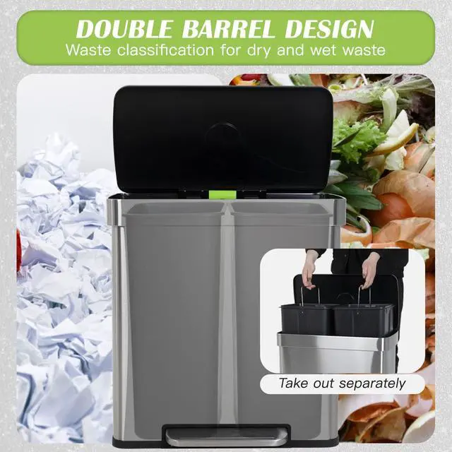 Alt view image 2 of 6 - 60 Liter / 16 Gallon Dual Compartment Stainless Steel Kitchen Trash Can,Hands-Free Step Trash Bin with Soft-Close Lid, Recycle and Garbage Can Combo, for Kitchen and Living Room (Single-lid pedal)
