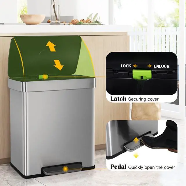 Alt view image 3 of 6 - 60 Liter / 16 Gallon Dual Compartment Stainless Steel Kitchen Trash Can,Hands-Free Step Trash Bin with Soft-Close Lid, Recycle and Garbage Can Combo, for Kitchen and Living Room (Single-lid pedal)
