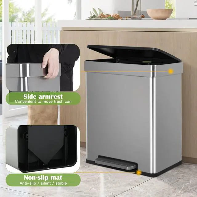 Alt view image 4 of 6 - 60 Liter / 16 Gallon Dual Compartment Stainless Steel Kitchen Trash Can,Hands-Free Step Trash Bin with Soft-Close Lid, Recycle and Garbage Can Combo, for Kitchen and Living Room (Single-lid pedal)