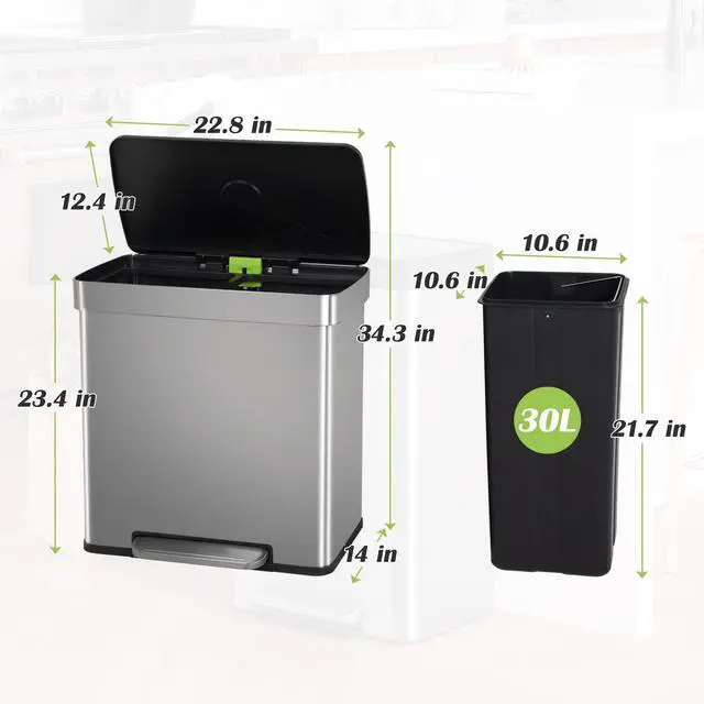 Alt view image 6 of 6 - 60 Liter / 16 Gallon Dual Compartment Stainless Steel Kitchen Trash Can,Hands-Free Step Trash Bin with Soft-Close Lid, Recycle and Garbage Can Combo, for Kitchen and Living Room (Single-lid pedal)