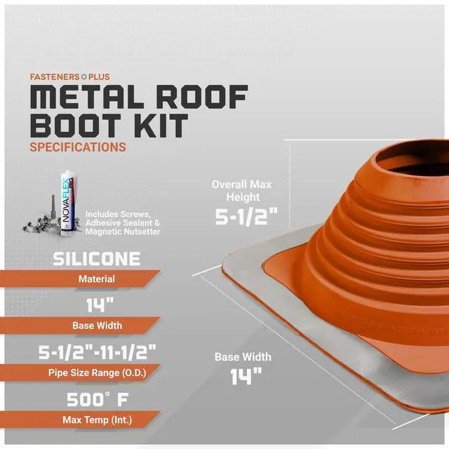 Alt view image 2 of 6 - #7 Square Silicone Metal Roof Pipe Flashing Boot with Complete Install Kit (Fits 5-1/2 - 11-1/2 Pipe OD), Red
