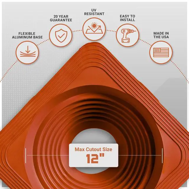 Alt view image 3 of 6 - #7 Square Silicone Metal Roof Pipe Flashing Boot with Complete Install Kit (Fits 5-1/2 - 11-1/2 Pipe OD), Red