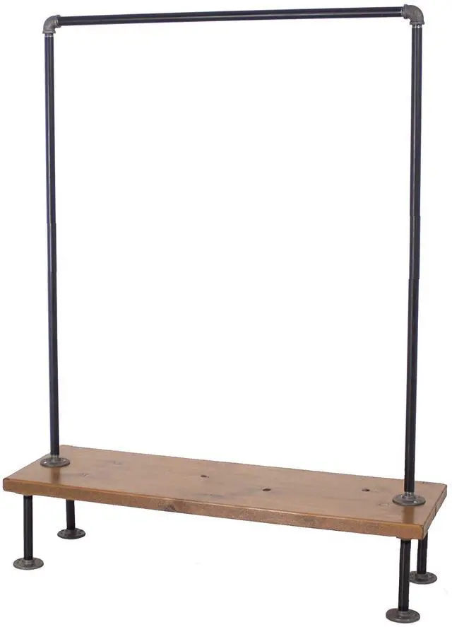 Main image of William Robert's Vintage Industrial Pipe Clothing Rack with Wood Shelf Bottom Shelf, 43 Inches Wide, 60 Inches Tall, 15 Inches Deep, Black