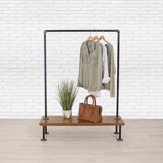 Alt view image 6 of 6 - William Robert's Vintage Industrial Pipe Clothing Rack with Wood Shelf Bottom Shelf, 43 Inches Wide, 60 Inches Tall, 15 Inches Deep, Black