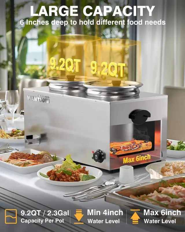 Alt view image 2 of 6 - Commercial Soup Warmer, 2x9.2QT Countertop Bain Marie Steam Table Stainless Steel Double Round Pots, 1500W Temperature Control 86-185°F Soup Station with Anti-Dry Burn for Restaurants Buffet