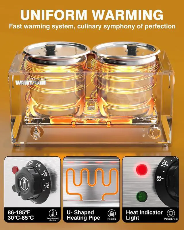 Alt view image 3 of 6 - Commercial Soup Warmer, 2x9.2QT Countertop Bain Marie Steam Table Stainless Steel Double Round Pots, 1500W Temperature Control 86-185°F Soup Station with Anti-Dry Burn for Restaurants Buffet