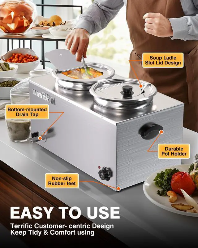 Alt view image 4 of 6 - Commercial Soup Warmer, 2x9.2QT Countertop Bain Marie Steam Table Stainless Steel Double Round Pots, 1500W Temperature Control 86-185°F Soup Station with Anti-Dry Burn for Restaurants Buffet