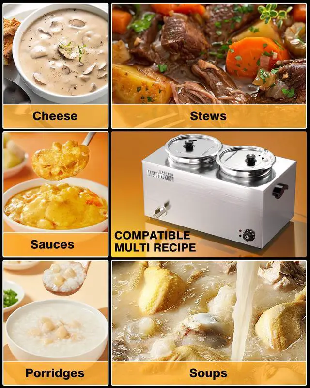 Alt view image 6 of 6 - Commercial Soup Warmer, 2x9.2QT Countertop Bain Marie Steam Table Stainless Steel Double Round Pots, 1500W Temperature Control 86-185°F Soup Station with Anti-Dry Burn for Restaurants Buffet