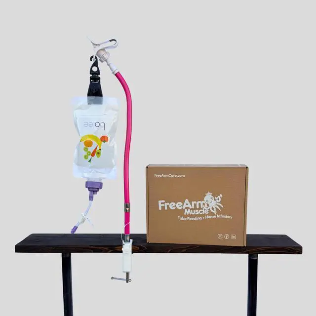 Alt view image 2 of 6 - Tube Feeding Holder, Hands-Free Gravity Syringe Feeding, Portable IV Pole for Pump Feeding & Infusions, Adjustable Clamp, Bendable Arm for Feed Rate Control and Travel | Pink