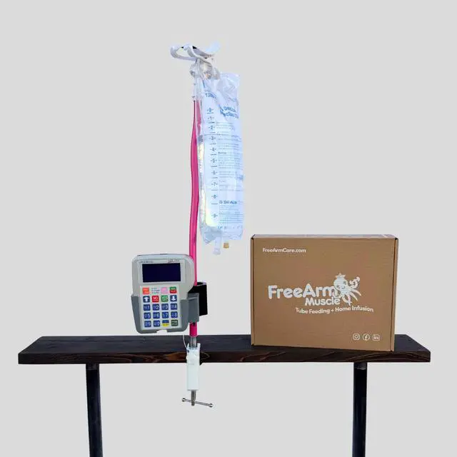 Alt view image 3 of 6 - Tube Feeding Holder, Hands-Free Gravity Syringe Feeding, Portable IV Pole for Pump Feeding & Infusions, Adjustable Clamp, Bendable Arm for Feed Rate Control and Travel | Pink